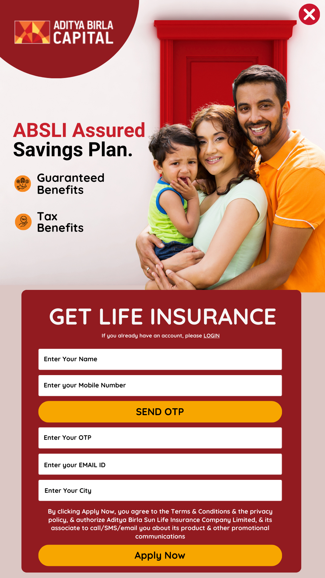 Aditya Birla Life Insurance form popup for mobile